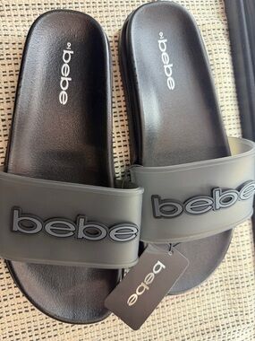 bebe Black and Gray Logo Slide Sandals
